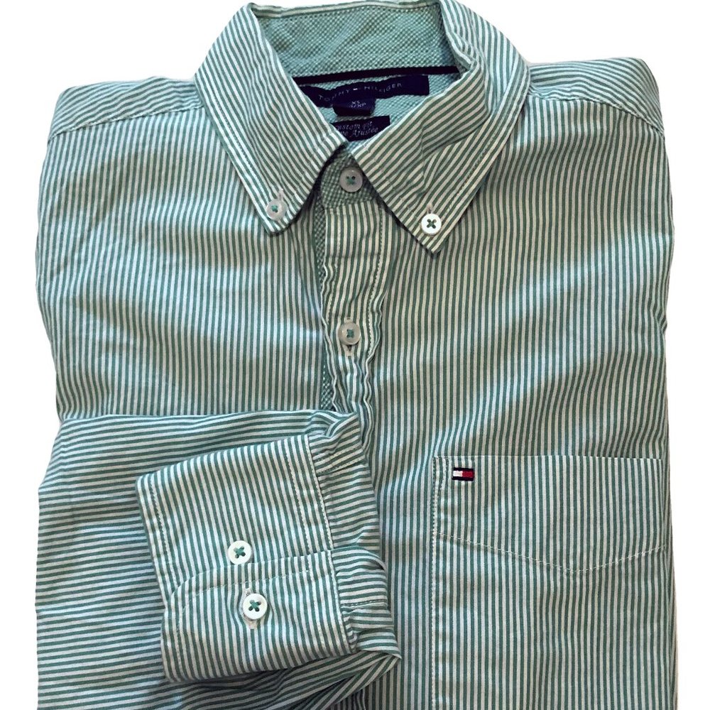 SALE XS Tommy Hilfiger Green Striped Shirt